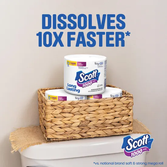 Scott® 1000 Dissolves 10X Faster *vs national brand soft & strong.