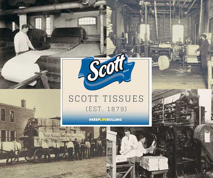 Scott Brand, Scott Tissues established 1879. Keep Life Rolling.