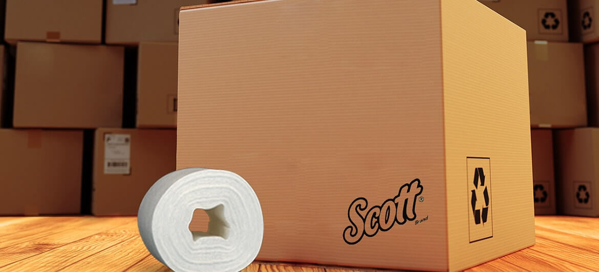 Cardboard box full of Scott® toilet paper